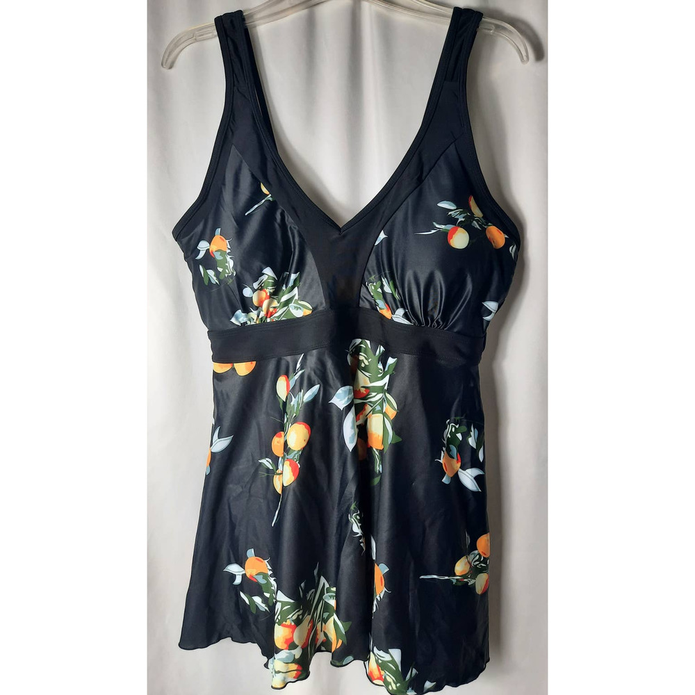 One Piece Skirted Swimsuit Black with Orange Fruit Print XXL